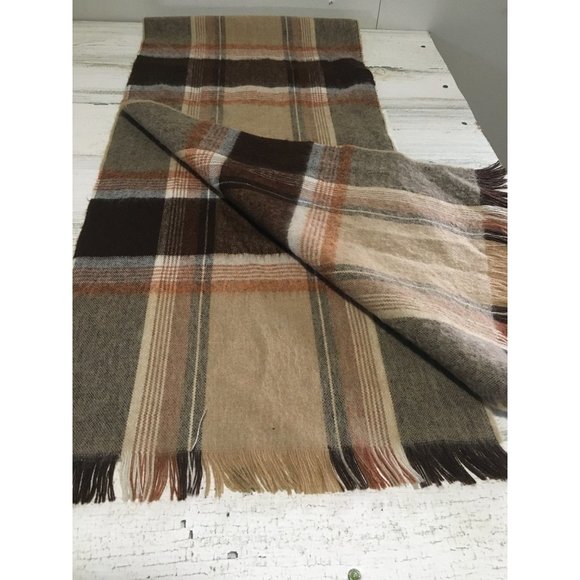 Brown tan cream plaid 11”x52” scarf with fringe - Picture 2 of 5